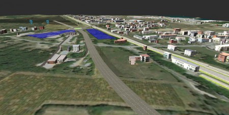 Vue aérienne depuis le sud de la déviation proposé par le comité, moin cher et en harmonie avec la population et la situation